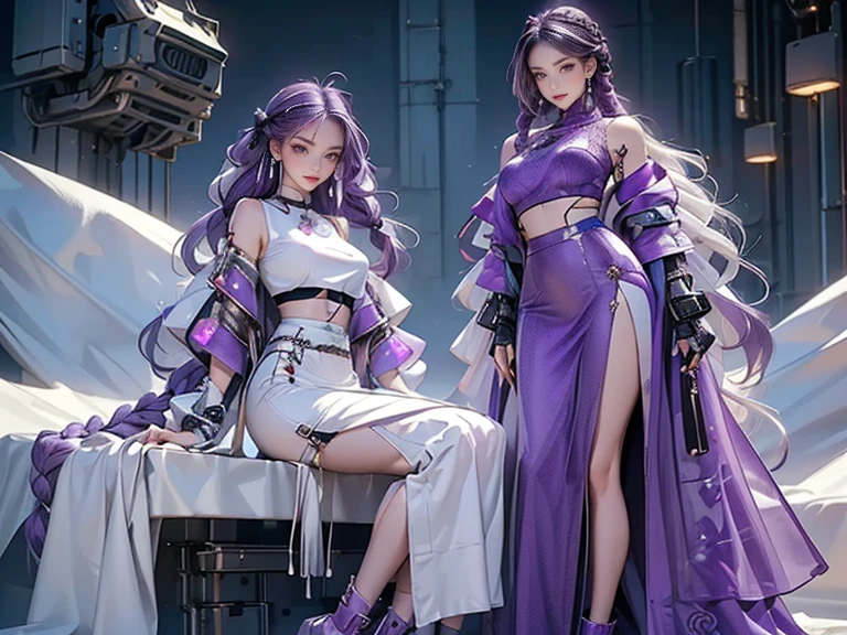 highest quality, Very detailed, masterpiece, Two women posing,(((Perfect female body))),Very beautiful face, Very beautiful body,Gentle expression, Very beautiful eyes,(Perfect Makeup:1.1),Fashion Model,pop punk fashion, Mullet Cut,Shaggy Hair, (Drifting in the Wind,Very long braided hair dyed white and purple: 1.5), very thin body,Smart Abs,((Monogram pattern:1.3)),Various gradations,Fishnet blouse,Long pencil skirt,LED Light,Two-tone high top boots,A kind smile,Full body portrait,(Cyber City:1.3), (Shiny skin),(Earrings),Elegant scarves,See-through long shawl,Liquid Metal,gas mask,Pink and blue gradient:1.3,