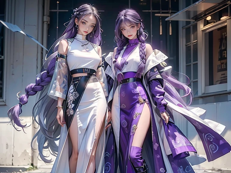 highest quality, Very detailed, masterpiece, Two women posing,(((Perfect female body))),Very beautiful face, Very beautiful body,Gentle expression, Very beautiful eyes,(Perfect Makeup:1.1),Fashion Model,pop punk fashion, Mullet Cut,Shaggy Hair, (Drifting in the Wind,Very long braided hair dyed white and purple: 1.5), very thin body,Smart Abs,((Monogram pattern:1.3)),Various gradations,Fishnet blouse,Long pencil skirt,LED Light,Two-tone high top boots,A kind smile,Full body portrait,(Cyber City:1.3), (Shiny skin),(Earrings),Elegant scarves,See-through long shawl,Liquid Metal,gas mask,Pink and blue gradient:1.3,