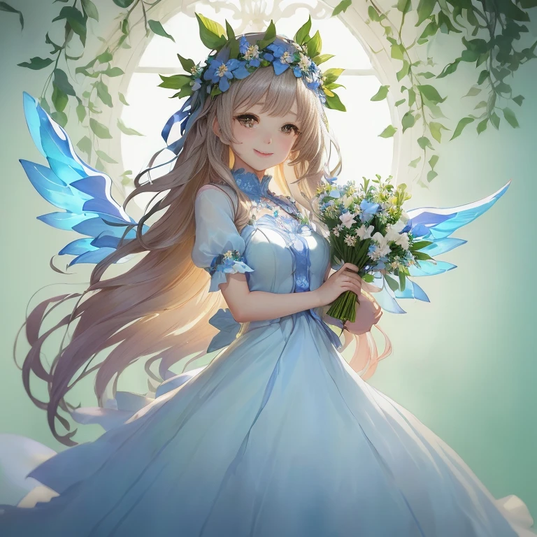 anime girl in a blue dress holding a bouquet of flowers, smiling as a queen of fairies, pixiv contest winner, cute anime waifu in a nice dress, of an beautiful angel girl, digital art on pixiv, portrait of a fairy, ethereal anime, beautiful maiden, beautiful angel, guweiz on pixiv artstation, goddess of spring, angelic purity