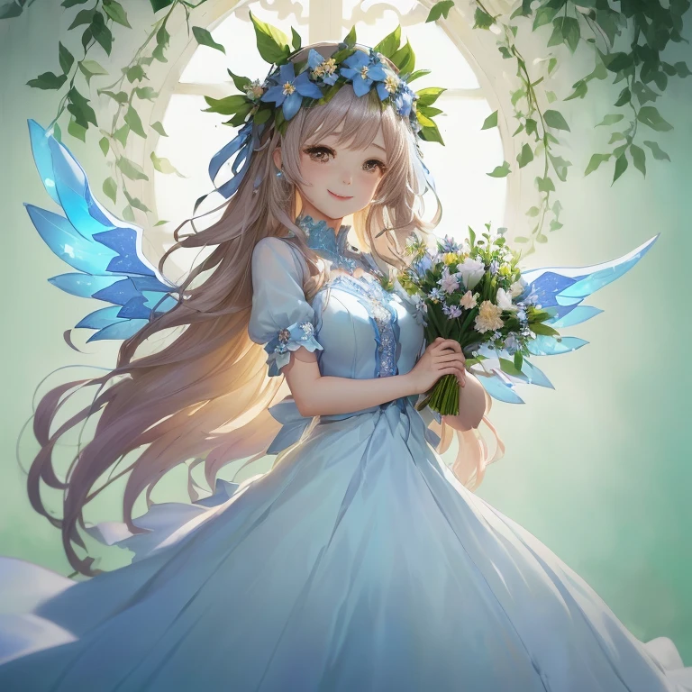 anime girl in a blue dress holding a bouquet of flowers, smiling as a queen of fairies, pixiv contest winner, cute anime waifu in a nice dress, of an beautiful angel girl, digital art on pixiv, portrait of a fairy, ethereal anime, beautiful maiden, beautiful angel, guweiz on pixiv artstation, goddess of spring, angelic purity