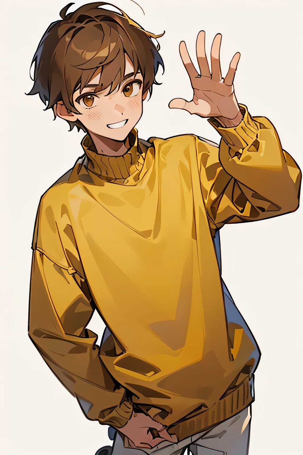 best quality , detailed , ( 1 boy:1.3 ) , boy focus , ( lightbrown hair ) , (( short length two block hair )) , bangs , ( male face:1.3 ) , yellow sweater , sharp nose , (( boy eye )) , beige eye , smile , grin , white teeth , slim body , ( facing the front ) , (( cowboy shot:1.3 )) , ( simple white background:1.2 ) ,from front ,waving hand