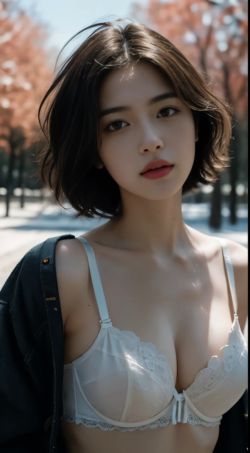 Best quality, masterpiece, ultra high res, (photorealistic:1.5), raw photo, 1girl, in the park, deep shadow, low key, cold light, sexy look, short hair, ample bust , bra outlined visible, bra strap
