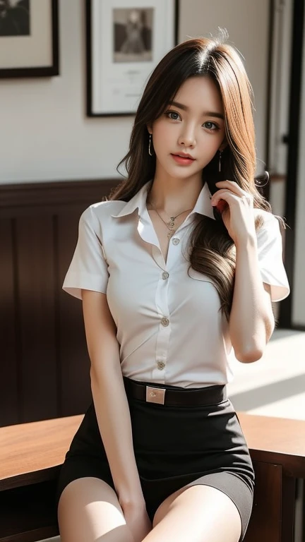 (High resolution 8K, Masterpiece, Only the best quality complicated details Chromatic aberration) realistic ((small breasts)) hair in one eye, purple eyes, big round hoop earrings, sharp eyes, Diamond choker, red gemstone, necklace, (symmetrical eyes), (Perfect symmetrical body), (Photo of a beautiful girl, 21 years old), beautiful and charming with contemporary fashion drawings in the eyes of the viewer, ((Behind the large classroom) ), (black short skirt), (((tired ((white short sleeve shirt), ( Open the shirt and show off the small breasts.,Soft milk), no bra)), (open chest),)), ((black short pencil skirt )), (Long square leather belt), belly chain, ((Put your hands down)), (light brown bob, Chic, long brown hair, long blonde hair, cute hairstyle, (There is some hair covering the face..)), sharp eyeliner, eyes, eyelid, Blush with thick eyelashes Very delicate and beautiful. round chin. Sharp focus. elegant. (Open your legs to reveal your panties.. middle on the study table.) (Open your legs by opening your legs...) (Open your legs and lift your right leg up... your left leg (natural release) Set a seductive example.