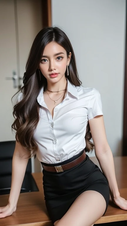 (High resolution 8K, Masterpiece, Only the best quality complicated details Chromatic aberration) realistic ((small breasts)) hair in one eye, purple eyes, big round hoop earrings, sharp eyes, Diamond choker, red gemstone, necklace, (symmetrical eyes), (Perfect symmetrical body), (Photo of a beautiful girl, 21 years old), beautiful and charming with contemporary fashion drawings in the eyes of the viewer, ((Behind the large classroom) ), (black short skirt), (((tired ((white short sleeve shirt), ( Open the shirt and show off the small breasts.,Soft milk), no bra)), (open chest),)), ((black short pencil skirt )), (Long square leather belt), belly chain, ((Put your hands down)), (light brown bob, Chic, long brown hair, long blonde hair, cute hairstyle, (There is some hair covering the face..)), sharp eyeliner, eyes, eyelid, Blush with thick eyelashes Very delicate and beautiful. round chin. Sharp focus. elegant. (Open your legs to reveal your panties.. middle on the study table.) (Open your legs by opening your legs...) (Open your legs and lift your right leg up... your left leg (natural release) Set a seductive example.