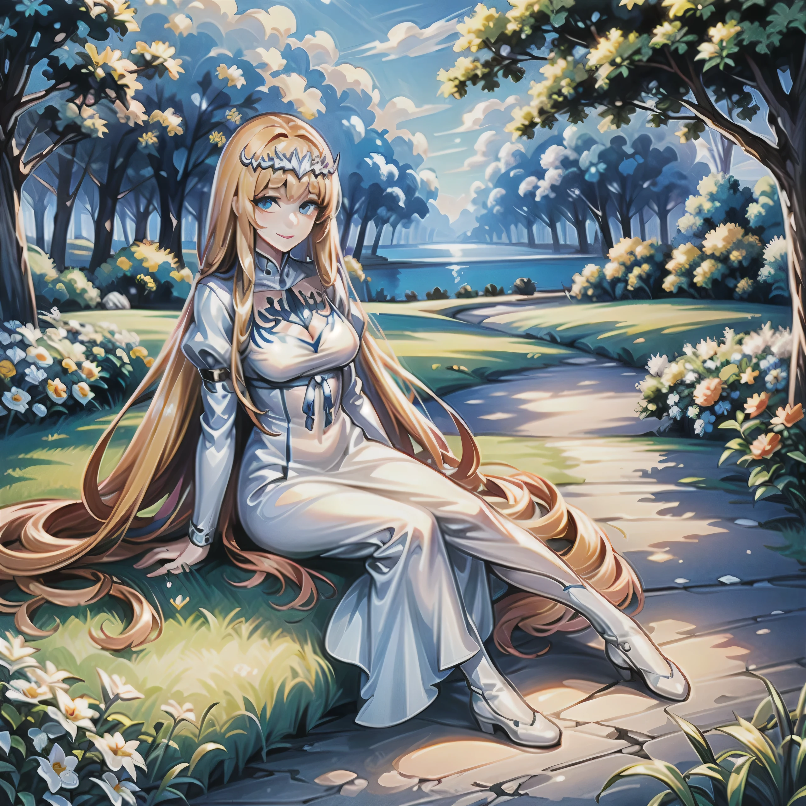 masterpiece, high resolution, detailed face, detailed eyes, smiling, sitting, drinking tea, table,full body. outdoors, garden , 1girl, solo, Calca, Calca Bessarez, blonde hair, (extremely long hair:1.5), very long hair, white tiara, white dress, blue eyes, medium chest