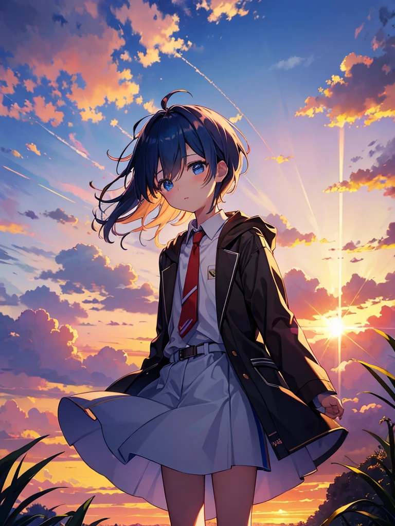 highest quality、masterpiece、Sunset sky、(One boy)One boy、High 、tie、headphone