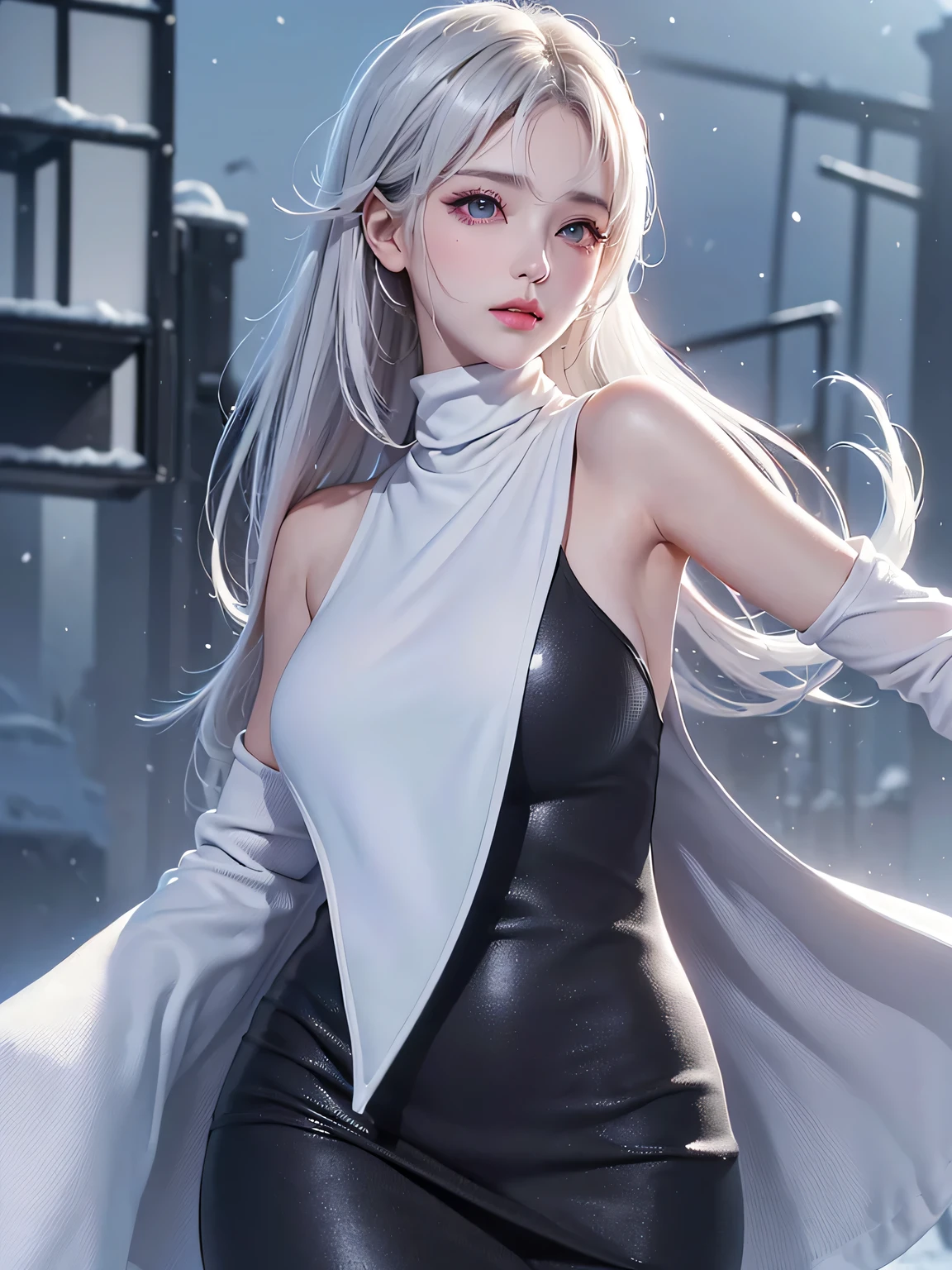 (Upper body portrait:1.5)((masterpiece:1.5、8k、Portraiture、Photorealistic and very detailed CG、Very detailed、Particle Effects、Dynamic Effects、Written boundary depth、Cinematic Light、Lens flare、Ray Tracing、Tabletop、Realistic:1.4、超A high resolution、Realistic、Realistic))((alone、Turtleneck dress,No sleeve、Woman in a black fur coat:1.4、Side bust、Model-like pose、Detailed face、brightexpression、young, bright, Whiter skin、large beautiful breasts、Best Looks、Ultimate beauty、White hair with shiny highlights:1.8、Bright and shiny straight hair、Hair dancing in the wind))(morning、In the background is a snowy hill overlooking the ruins...)