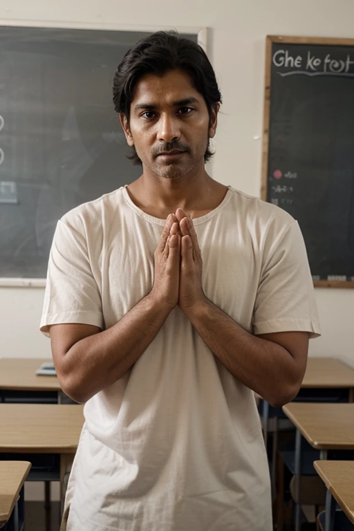 An indian male teacher standing with folded hands