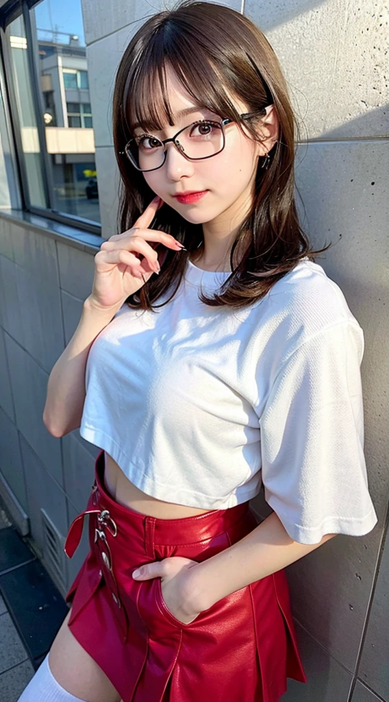 (8K, Raw photo:1.2), Detailed face and eyes,Best Quality, 超A high resolution, Highly detailed ,intricate detailes ,masutepiece ,Cute Girl , Soft cinematic light, Hyper-detailing,Sharp Focus, High quality, Blonde hair, bob cuts, tits out,zettai ryouiki, a miniskirt, panties on, eye glasses, NSFW, Leaning against the wall