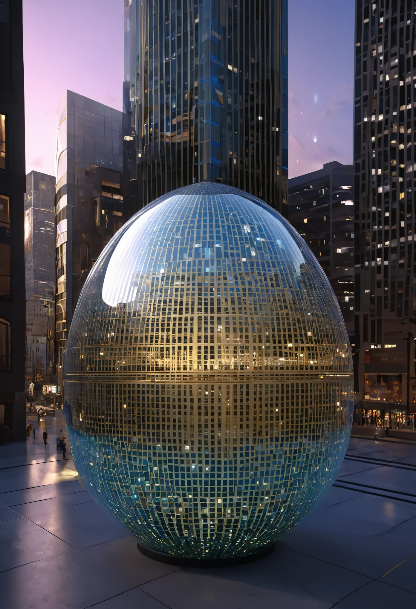 (((BEST QUALITY))), (((HD))), (((HYPERREALISTIC))), (((32k render))), (((DETAILLED))),Transparent glass egg situated in a bustling modern square, interior showcasing an array of doors Ultra-realistic photo depicting a colossal, semi-transparent holographic dome, sandwiched between twin seven-story buildings, displaying dynamic images and motion pictures across its curved surface, viewpoint captured from the seventh-story perspective of a building directly opposite the technological marvel, ambient city lights interplaying with the holography, digital render, golden ratio, octane rendering, 8k, dramatic lighting. various styles and eras, reflections and refractions playing on its surface, surrounding cityscape mirrored within the egg, twilight casting long shadows, doors glowing like portals to other worlds, high dynamic range, realistic, ultra-clear, octane rendering.