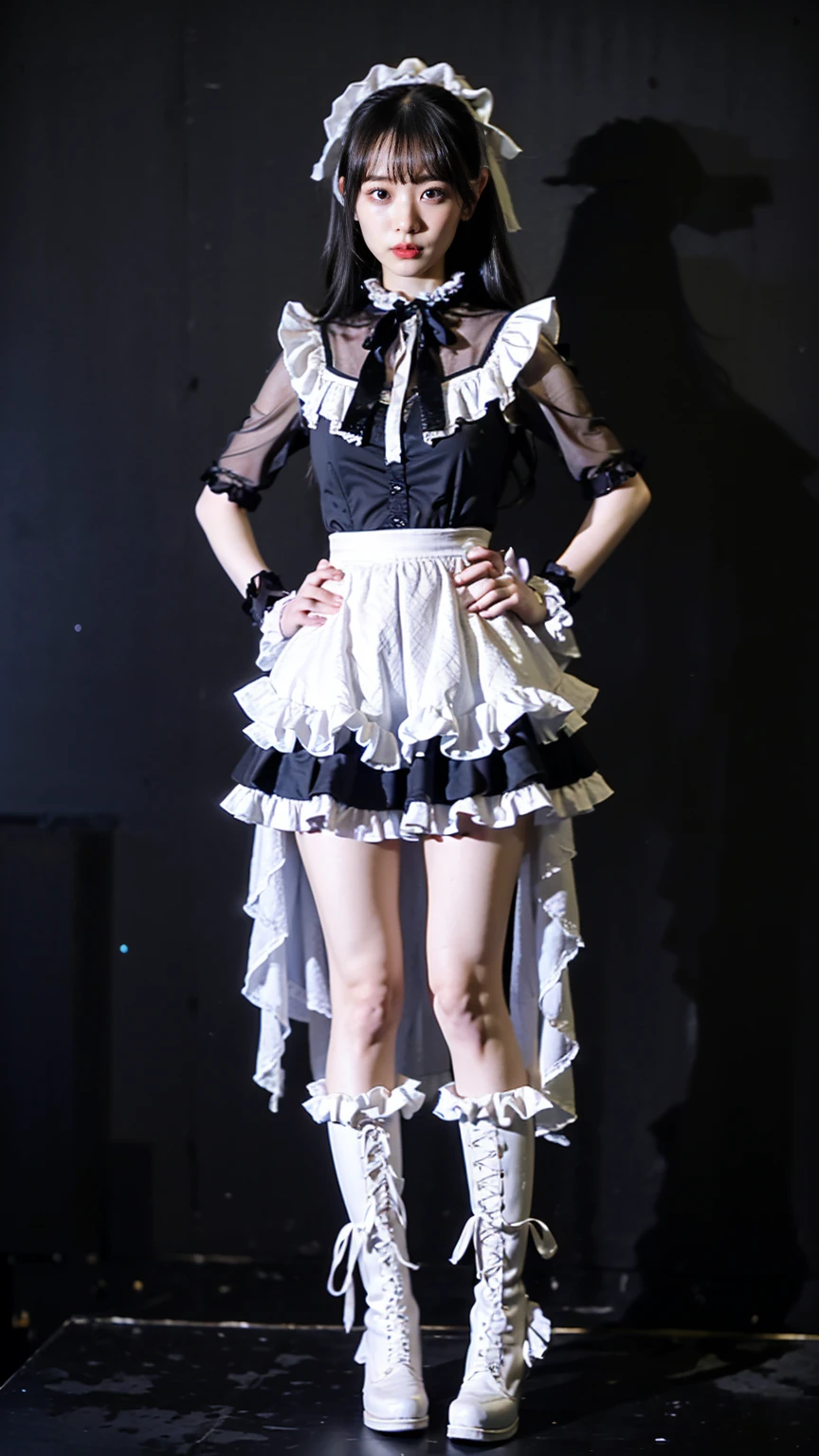 (8k、RAW Photos、highest quality、masterpiece:1.2)、(Realistic、Realistic)、1 girl、((Yellow Dresini skirt、Black see-through、Large Breasts、Frills、casual、In the city、ribbon、Frills、boots、Standing with hands on hips))、Lots of eyelashes、Glowing eyelids、skeletally correct