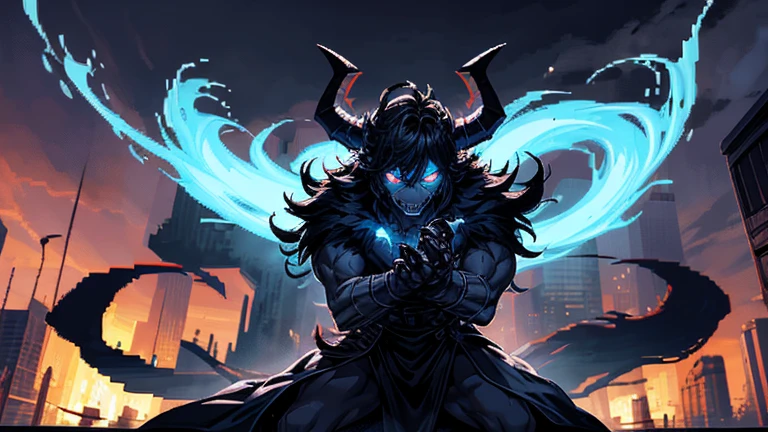 ((pixel art )) Draw a full-length character. Hero guy with demonic horns. The character himself is covered with shadow-black fur. There is a black magical haze coming from the body. claws on the fingers and glowing blue eyes, The city is burning in the background Waiting for the start