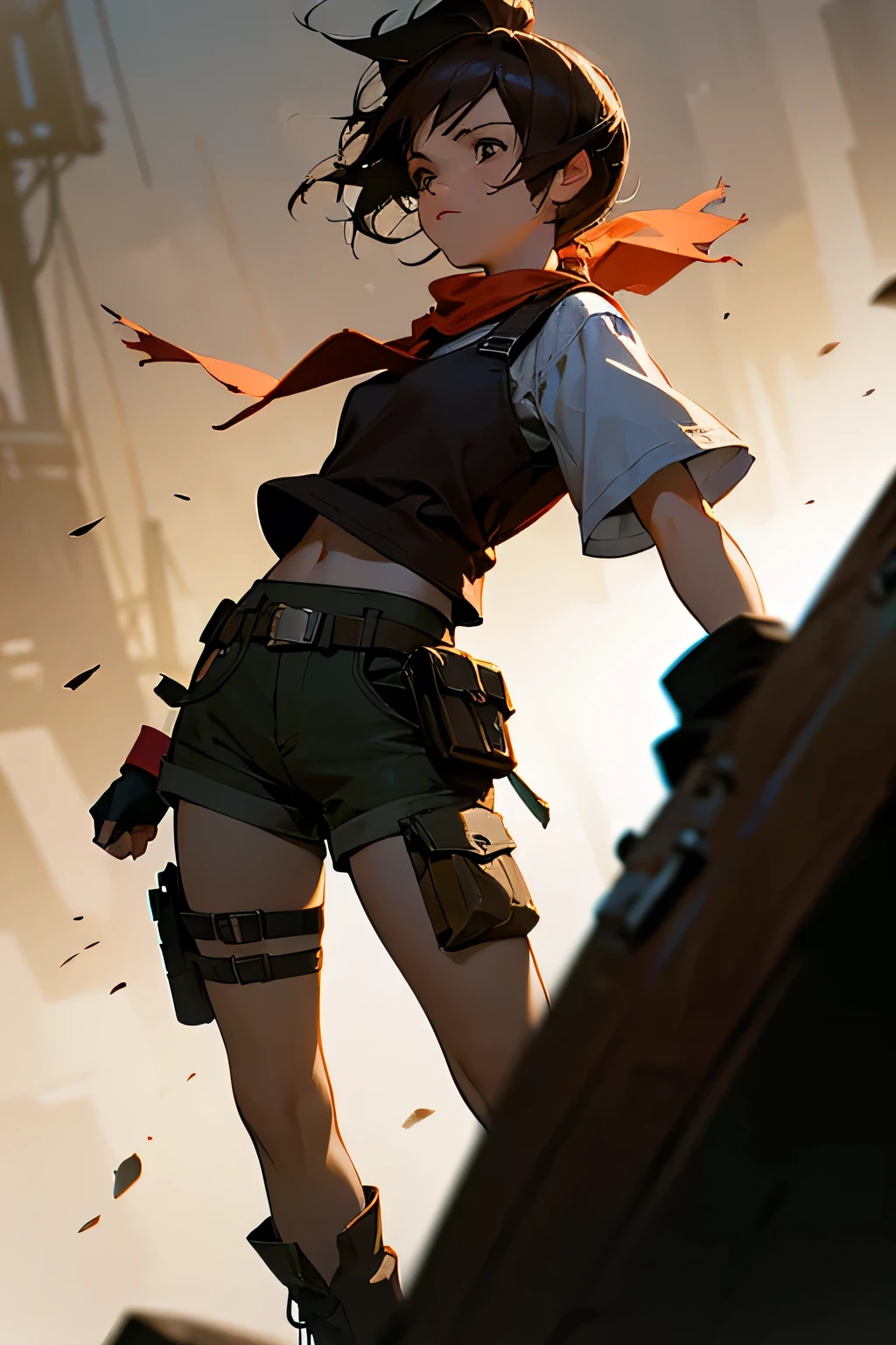 1girl, eliz robles,  adventurer, determined expression, short brown hair in high ponytail, red bandana around neck, long sleeved shirt with rolled up sleeves, dark multi-pocketed vest, cargo shorts, black fingerless gloves, sturdy boots, holster on right thigh with straps, dark sunglasses, photorealistic, highly detailed, 8k, intricate details, cinematic lighting, dramatic atmosphere, realistic skin texture, vivid colors, chiaroscuro lighting, cinematic composition, action pose