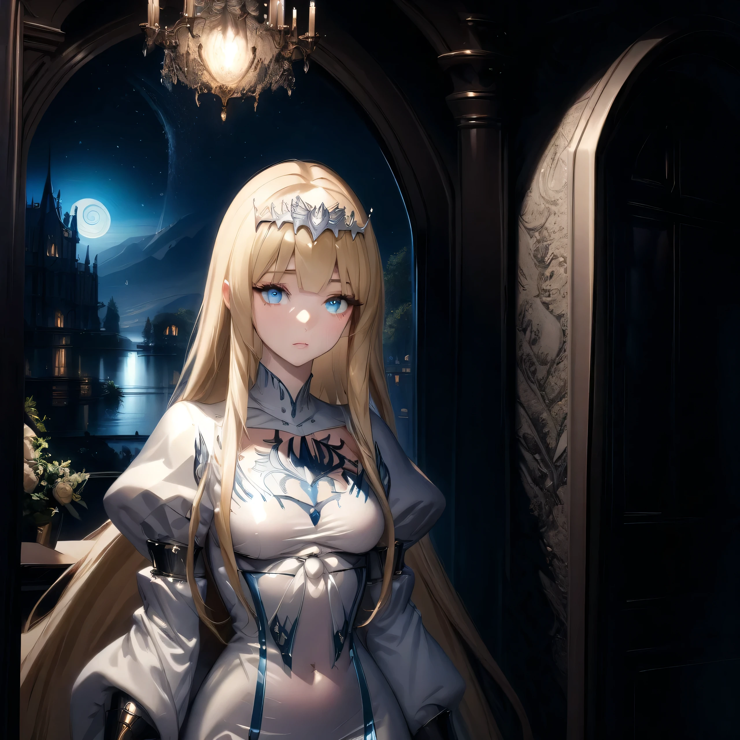 hyper-detailed render style, glow, yellow, blue, surreal oil painting, shiny eyes, closeup, exaggerated perspective, Tyndall effect, a holographic white, beautiful background, 1girl, solo, Calca, Calca Bessarez, blonde hair, extremely long hair, very long hair, white tiara, silver tiara, white dress, blue eyes, medium chest, very short neck, extremely short neck, beautiful scenery, night time, in door, in gothic victorian style mansion, luxurious room, detailed room