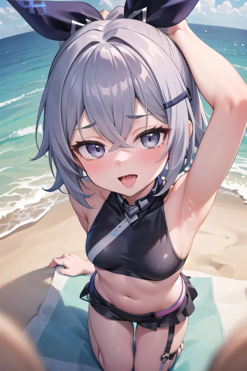 ((masterpiece,best quality)), high resolution, ultra detailed,8k,16k,detailed background, perfect lighting,detailed beautiful eyes, 1girl,solo,embarrassed,blush,steam, heavy breathing,look at viewer,saliva,(naughty smile:1.2),(open mouth,oral,spread mouth:1.1),ahegao,drivel,(close up face,from above:1.2),from front, (pov:1.2),drool stringing,be breathless,show mouth,sweat,fisheye lens,stick tongue out,kneeling,armpits,fair skin,small breast,silver hair,black eyes,short curly ponytale,silver wolf \(honkai: Star Rail\),Hair Ribbon,(tiny,short body,short legs and arms,short stature:1.2),over size head
,summer,seaside beach