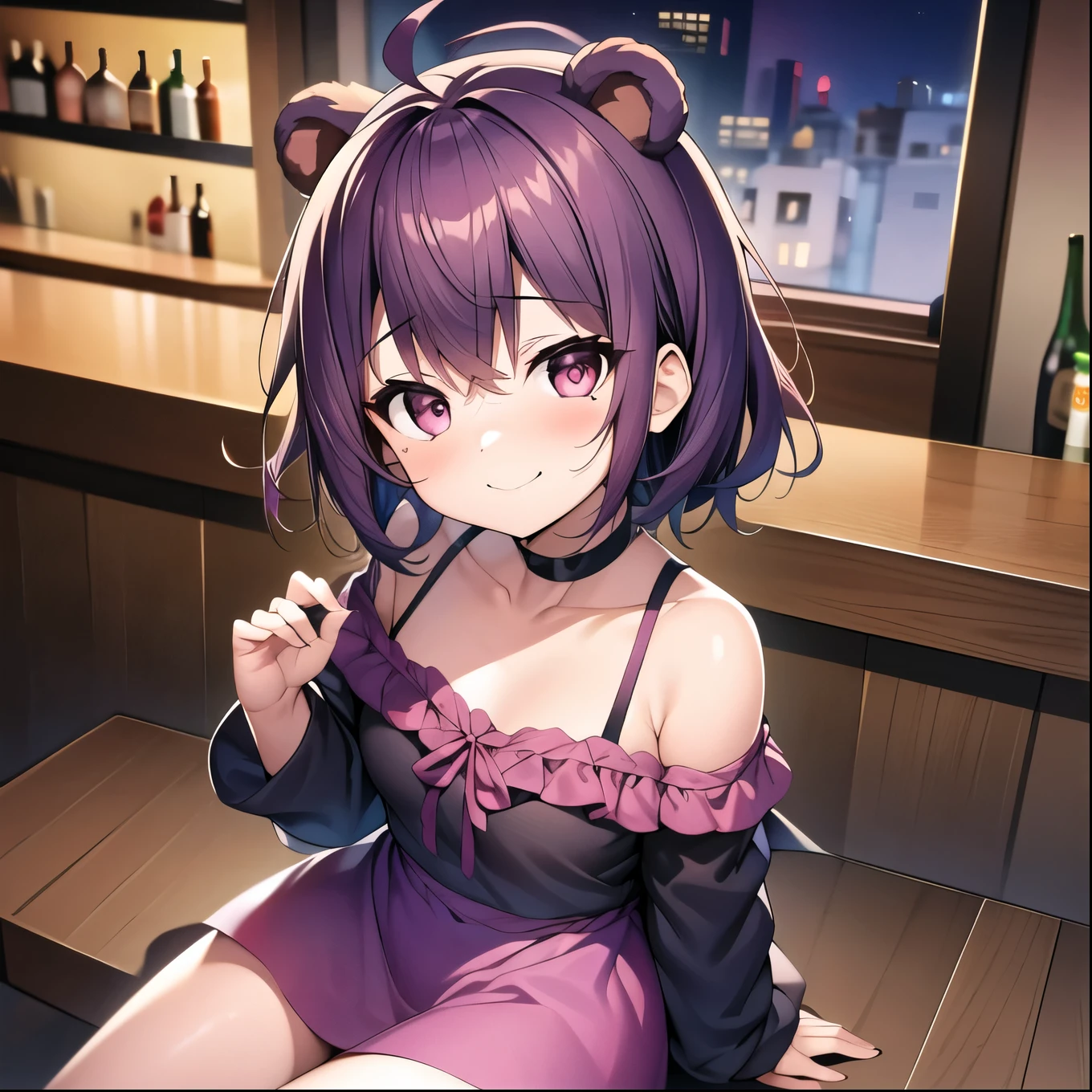 Anime girl sitting on a bar with a bottle of wine - SeaArt AI