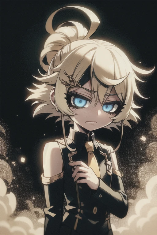 (masterpiece, best quality, detailed), closeup, gloomy, high contrast, backlighting, (gold color scheme:1.2), midasmagic, glint, kobeni higashiyama, looking away, BREAK (sad, depressed, (tearful eyes:0.6), empty stare, furrowed eyebrows, dropped shoulders, hunched back, desperate:1.2) BREAK (black hair), hair ornament, hairclip, (mole, mole under eye:0.3), ponytail, short hair, , black necktie, business suit, formal, necktie, suit, 