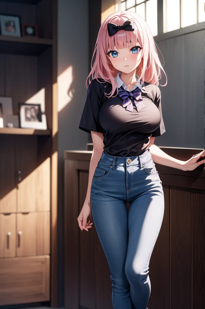 2d, masterpiece, best quality, anime, highly detailed, cowboy shot, 1girl, solo, fujiwara chika, blue eyes, pink hair, hair bow, black bow, Striped Breton shirt, High-waisted light wash jeans, White sneakers big breasts, high quality, 8k, best picture, detailed, high resolution, best pictrure, photo realistic, beautiful image, best image
