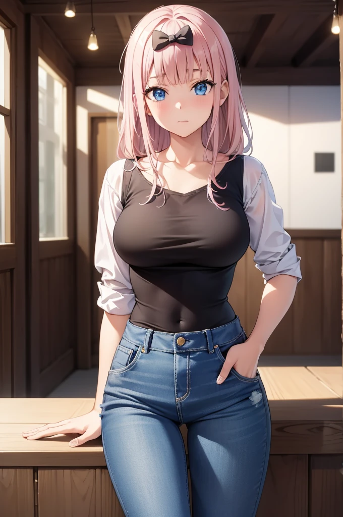 2d, masterpiece, best quality, anime, highly detailed, cowboy shot, 1girl, solo, fujiwara chika, blue eyes, pink hair, hair bow, black bow, Striped Breton shirt, High-waisted light wash jeans, White sneakers big breasts, high quality, 8k, best picture, detailed, high resolution, best pictrure, photo realistic, beautiful image, best image
