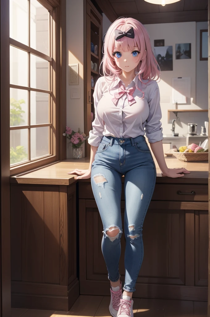 2d, masterpiece, best quality, anime, highly detailed, cowboy shot, 1girl, solo, fujiwara chika, blue eyes, pink hair, hair bow, black bow, Striped Breton shirt, High-waisted light wash jeans, White sneakers big breasts, high quality, 8k, best picture, detailed, high resolution, best pictrure, photo realistic, beautiful image, best image