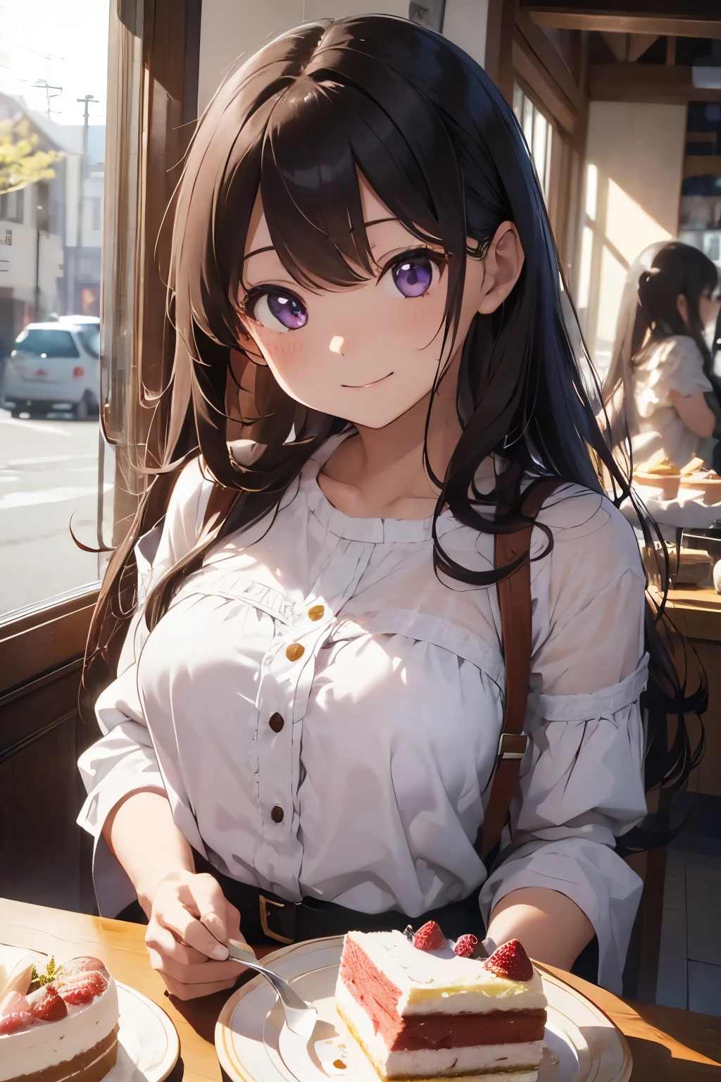 ​masterpiece、top-quality、(brown colored long hair、I have bangs:1.1)、25 year old woman with purple eyes、Wearing a white off-the-shoulder blouse、(emphasis on the chest:1.1)、(Smiling expression:1.3)、(Staring:1.5)、(Close-up of the subject's face:1.3)、is standing、five perfect and beautiful fingers、Place the camera above the subject、((The background is a cake shop))、Bold composition、Upper body is shown、Alone