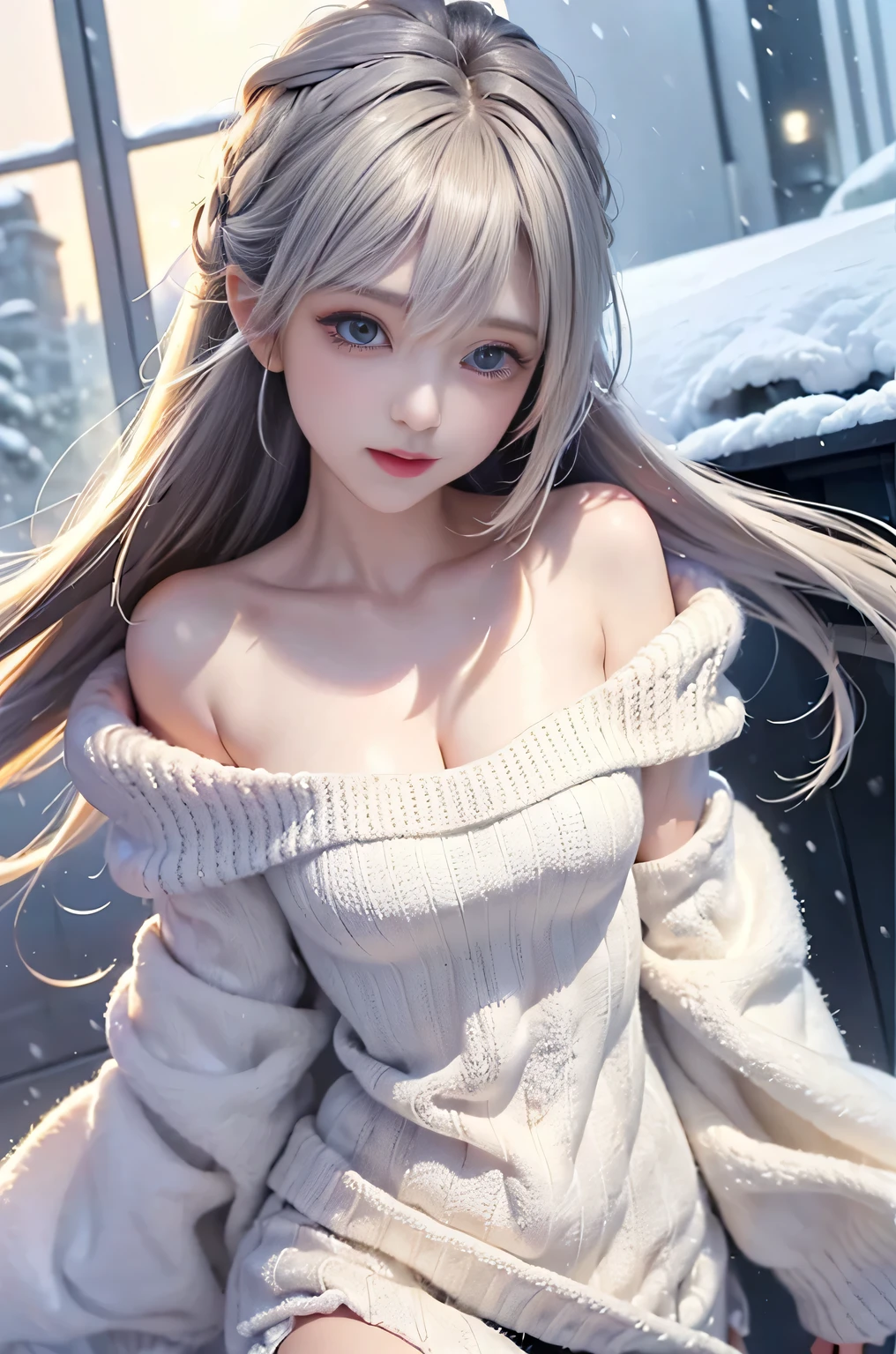 (Close-up image)((masterpiece:1.5、8k、Tabletop、Photorealistic and very detailed CG、Very detailed、Particle Effects、Dynamic Effects、Written boundary depth、Cinematic Light、Lens flare、Ray Tracing、Tabletop、Realistic:1.4、超A high resolution))((alone、,A woman wearing a fur coat over an off-the-shoulder knit sweater:1.4、No sleeve、Exposing shoulders、Elegant woman posing:、Detailed face、brightexpression、young, bright, Whiter skin、medium beauty breasts、Best Looks、Ultimate beauty、White hair with shiny highlights、Bright, shiny, super long straight hair、Hair dancing in the wind))(morning、The setting is outdoors in the snow、Snowflakes flutter)
