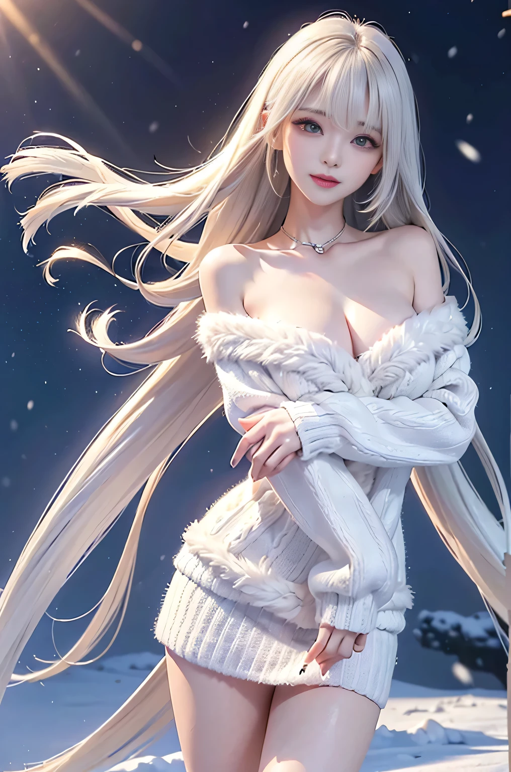 (Close-up image)((masterpiece:1.5、8k、Tabletop、Photorealistic and very detailed CG、Very detailed、Particle Effects、Dynamic Effects、Written boundary depth、Cinematic Light、Lens flare、Ray Tracing、Tabletop、Realistic:1.4、超A high resolution))((alone、,A woman wearing a fur coat over an off-the-shoulder knit sweater:1.4、No sleeve、Exposing shoulders、Elegant woman posing:、Detailed face、brightexpression、young, bright, Whiter skin、medium beauty breasts、Best Looks、Ultimate beauty、White hair with shiny highlights、Bright, shiny, super long straight hair、Hair dancing in the wind))(morning、The setting is outdoors in the snow、Snowflakes flutter)
