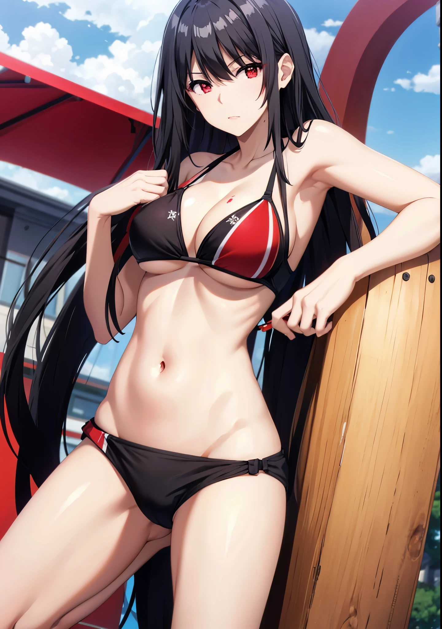 black hair,red eyes,(((bikini))),long hair,
