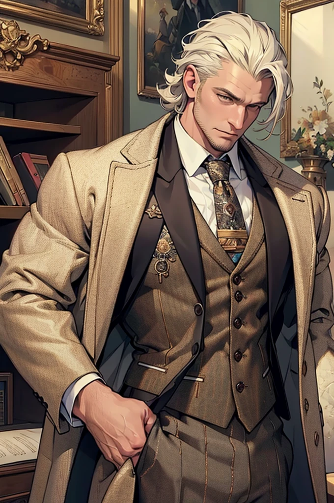 ((best quality)), ((masterpiece)), (detailed),High quality, Ultra detailed, best quality, insanely detailed, beautiful, masterpiece, Tweed coat, white,musculine male, 40s,2D
