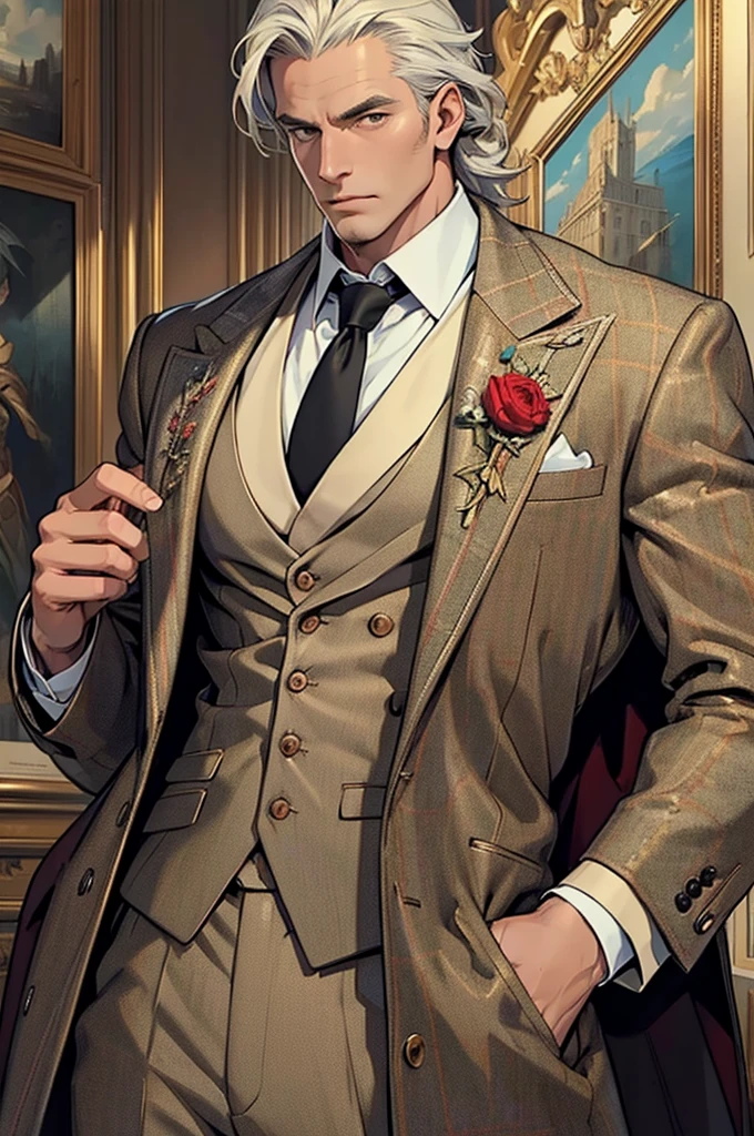 ((best quality)), ((masterpiece)), (detailed),High quality, Ultra detailed, best quality, insanely detailed, beautiful, masterpiece, Tweed coat, white,musculine male, 40s,2D