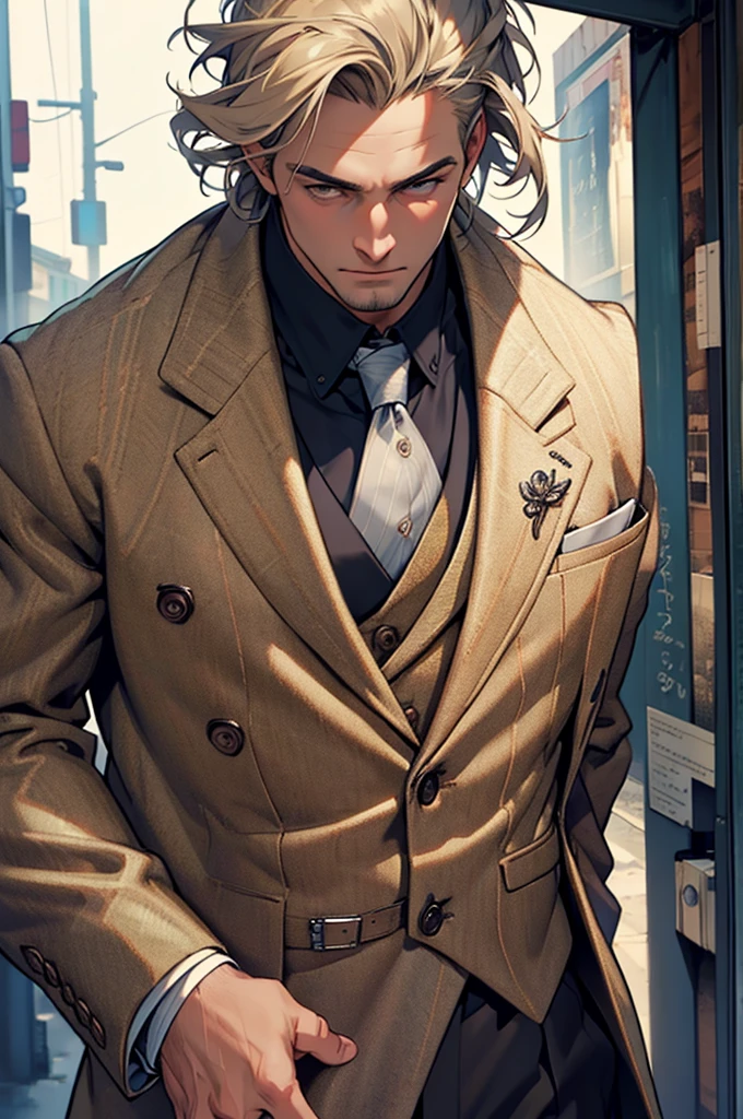 ((best quality)), ((masterpiece)), (detailed),High quality, Ultra detailed, best quality, insanely detailed, beautiful, masterpiece, Tweed coat, white,musculine male, 40s,2D
