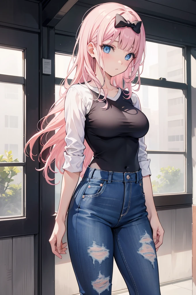 2d, masterpiece, best quality, anime, highly detailed, cowboy shot, 1girl, solo, fujiwara chika, blue eyes, pink hair, hair bow, black bow, Striped Breton shirt, High-waisted light wash jeans, White sneakers big breasts, high quality, 8k, best picture, detailed, high resolution, best pictrure, photo realistic, beautiful image, best image