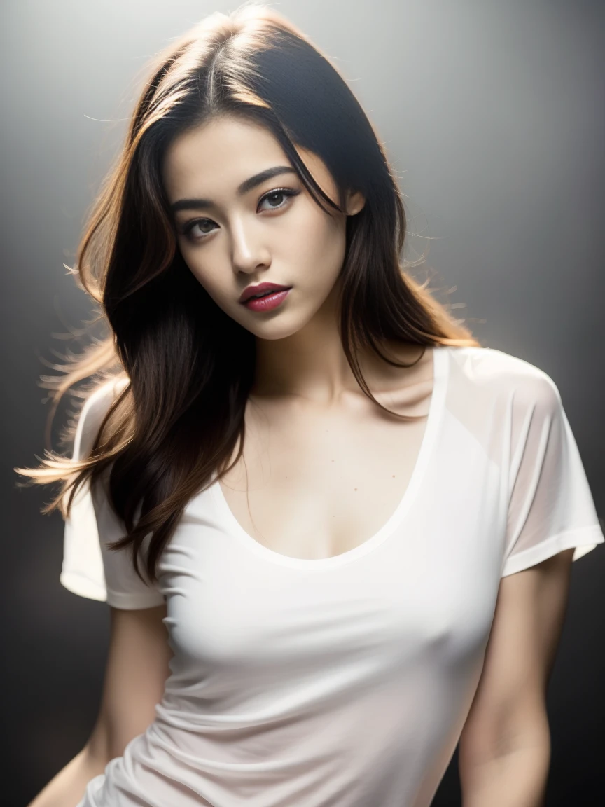 Fashion model 20 years old [[[[cleavage]]]], [[[[climaxing]]]], [[[[Cole]]]], [[[[bshoulder]]]], perfect  eyes, Perfect iris，perfect lips，perfect teeth，Perfect Skin，soft front lighting，Glowing light，HighDynamicRange，half-opened transparent minimalist white costume，ripped tee shirt，(4K Ultra HD, Ultra-high resolution, (realisticlying: 1.4), Best quality at best，tmasterpiece，Ultra-diluted，（pastel colour：1.2）, plump sexy, slim damp, cleavage 