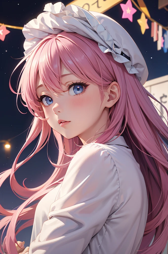 masterpiece、highest quality、High resolution、high quality images、8K, 1 female、skin luster、skin texture、Expression of fine eyes, realism, Detailed manga style, manga art style, perfect line drawing, beautiful line drawing, digital manga art girl, Clear,  charm, Front view, (perfectly detailed face),photorealistic images, Depth of written boundary,
One girl, bangs, blue eyes, Blurred Background,  Multi-coloured hair、 Mouth closed, From the side, Hair between the eyes、White and pink dress、Long sleeve, View Viewer, Medium Hair, night,  star , Upper Body, Bright and colorful, Strong color contrast、（Hide your hands：1.5）