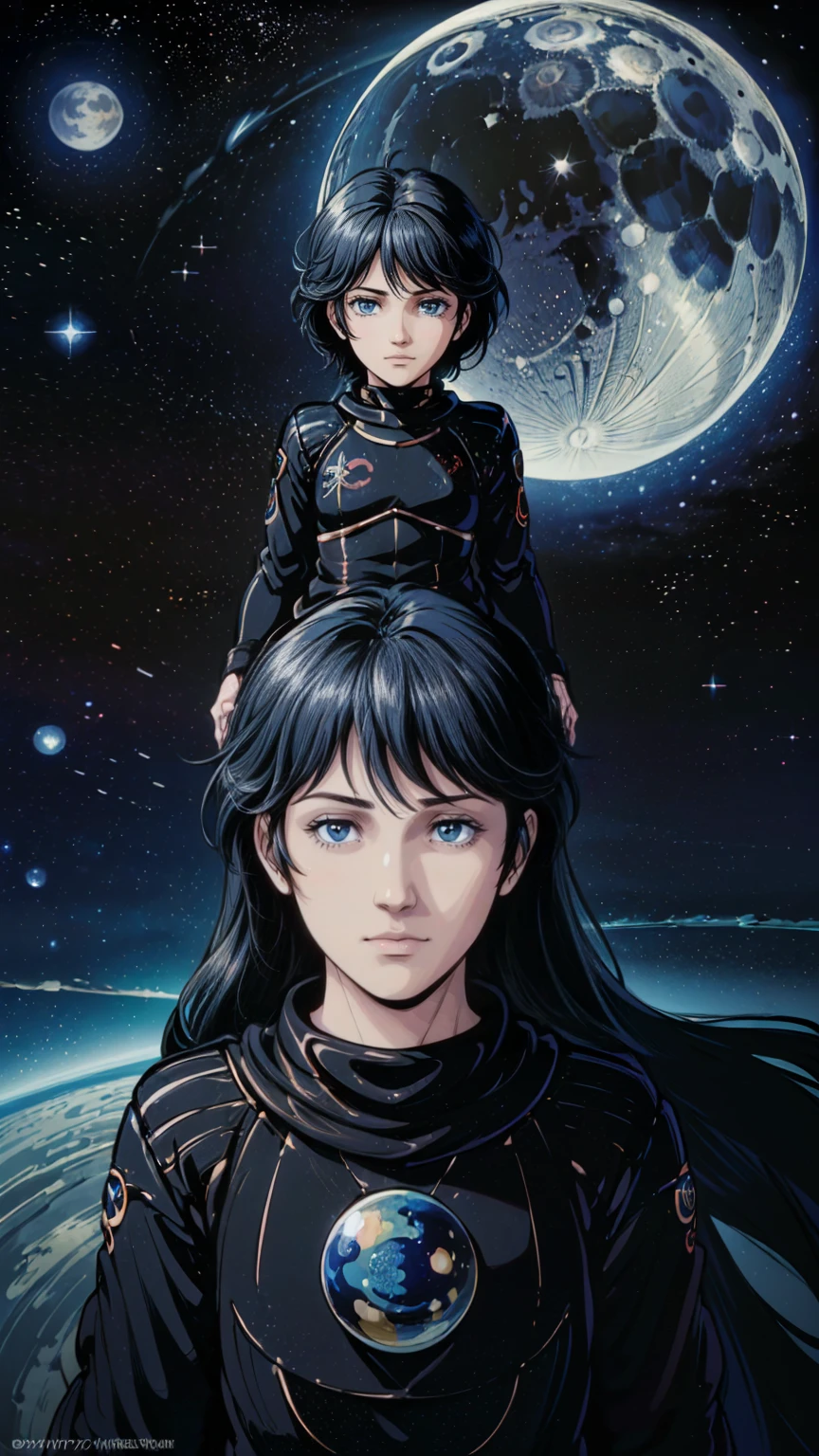 ((masterpiece, Best quality, a high resolution, ultra detailed),(Beautiful and aesthetically pleasing:1.2), detailed eyes and face, full body, 1 , ddler, ((black hair)), ((blue eyes)), detailed eyes and face, ramper, chibi, space, stars, moon, planets, outside sky, cute,planetarium,1girl,