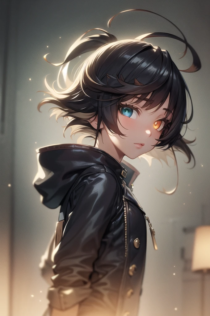 ((masterpiece,best quality, detailed)), inside, dramatic lighting, upper body, from side, looking at viewer,
misaki mei, 1girl, solo, , heterochromia, black jacket