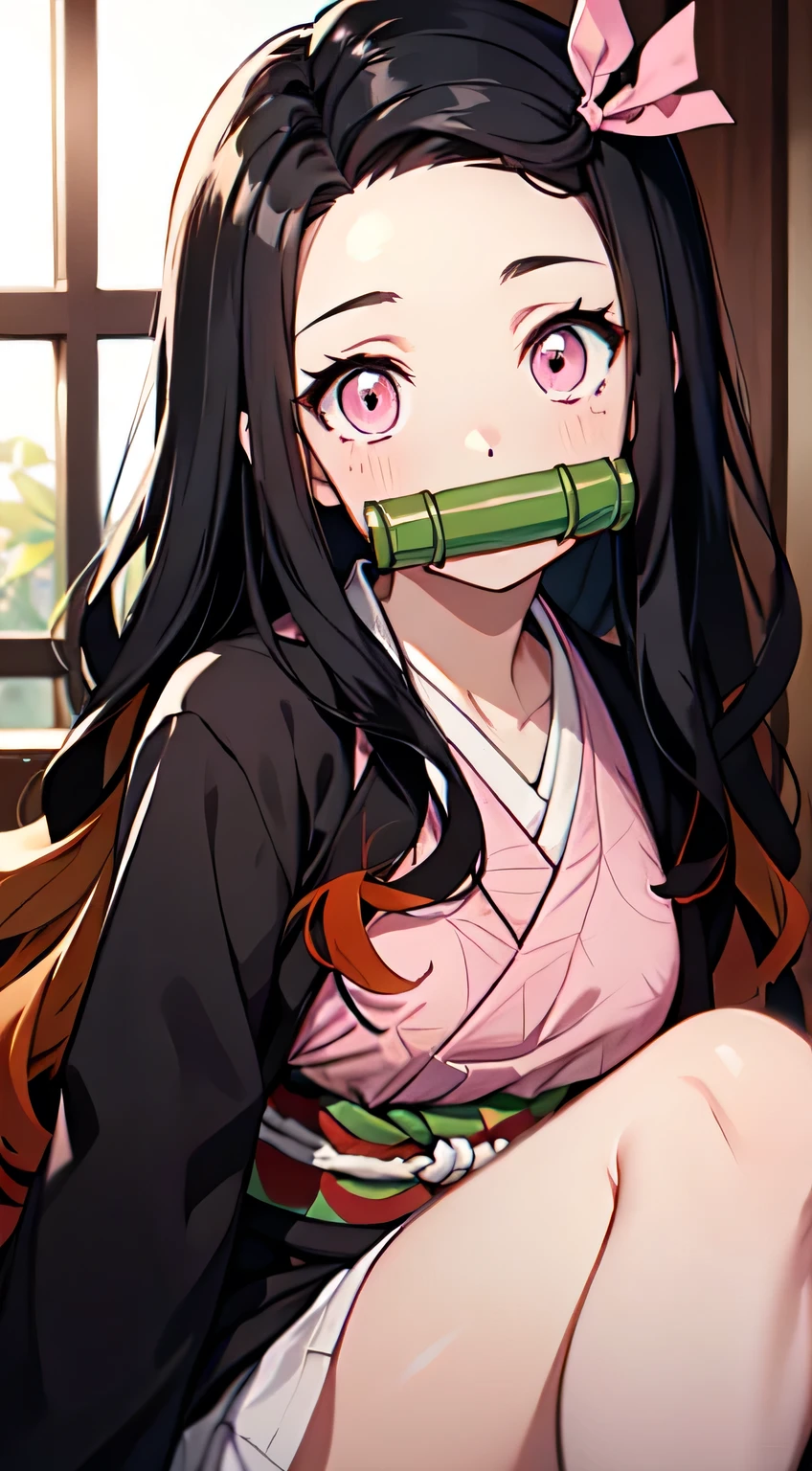 in Japanese room, nezuko kamado, bamboo, bit gag, black hair, forehead, gag, gagged, hair ribbon, long hair, multicolored hair, (pink eyes:1.5), orange hair, slit pupils, wavy hair, two-tone hair,nezuko kamado, bamboo, bit gag, black hair, forehead, gag, gagged, hair ribbon, long hair, multicolored hair, (pink eyes:1.5), orange hair, slit pupils, wavy hair, two-tone hair,