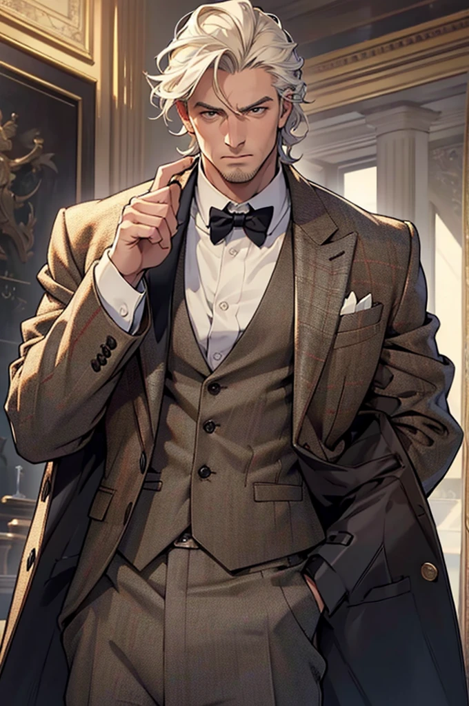 ((best quality)), ((masterpiece)), (detailed),High quality, Ultra detailed, best quality, insanely detailed, beautiful, masterpiece, Tweed coat, white,musculine male, 40s,2D,(exasperated expression,)