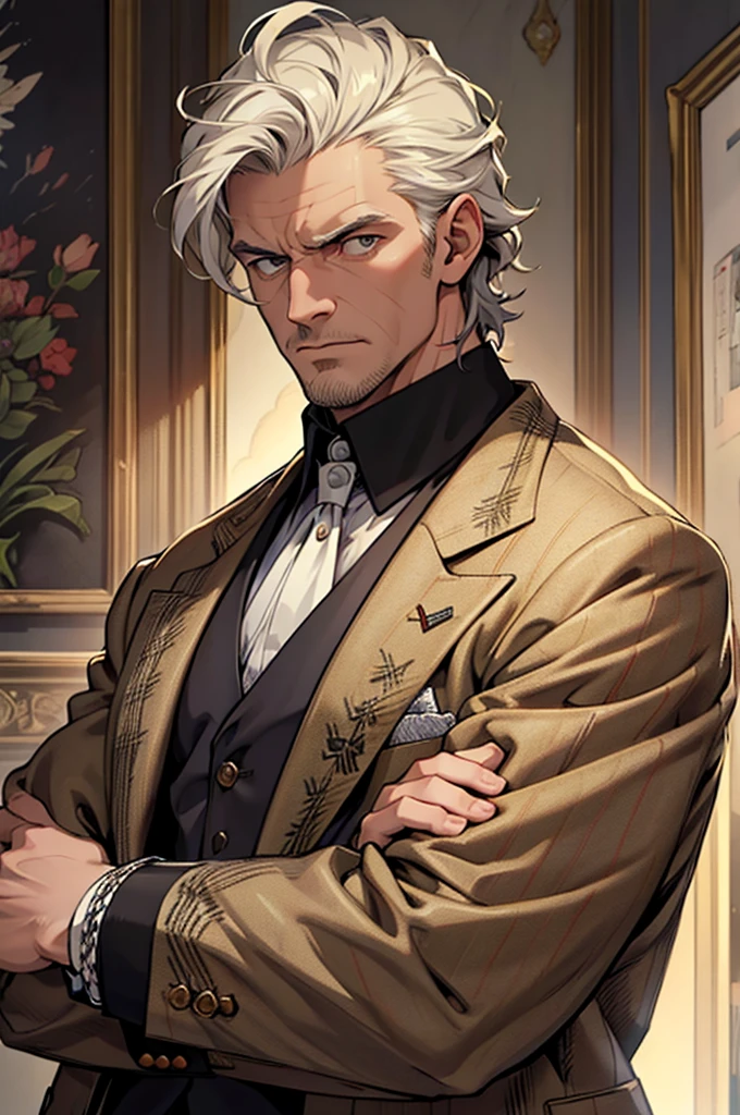 ((best quality)), ((masterpiece)), (detailed),High quality, Ultra detailed, best quality, insanely detailed, beautiful, masterpiece, Tweed coat, white,musculine male, 40s,2D,(exasperated expression,)