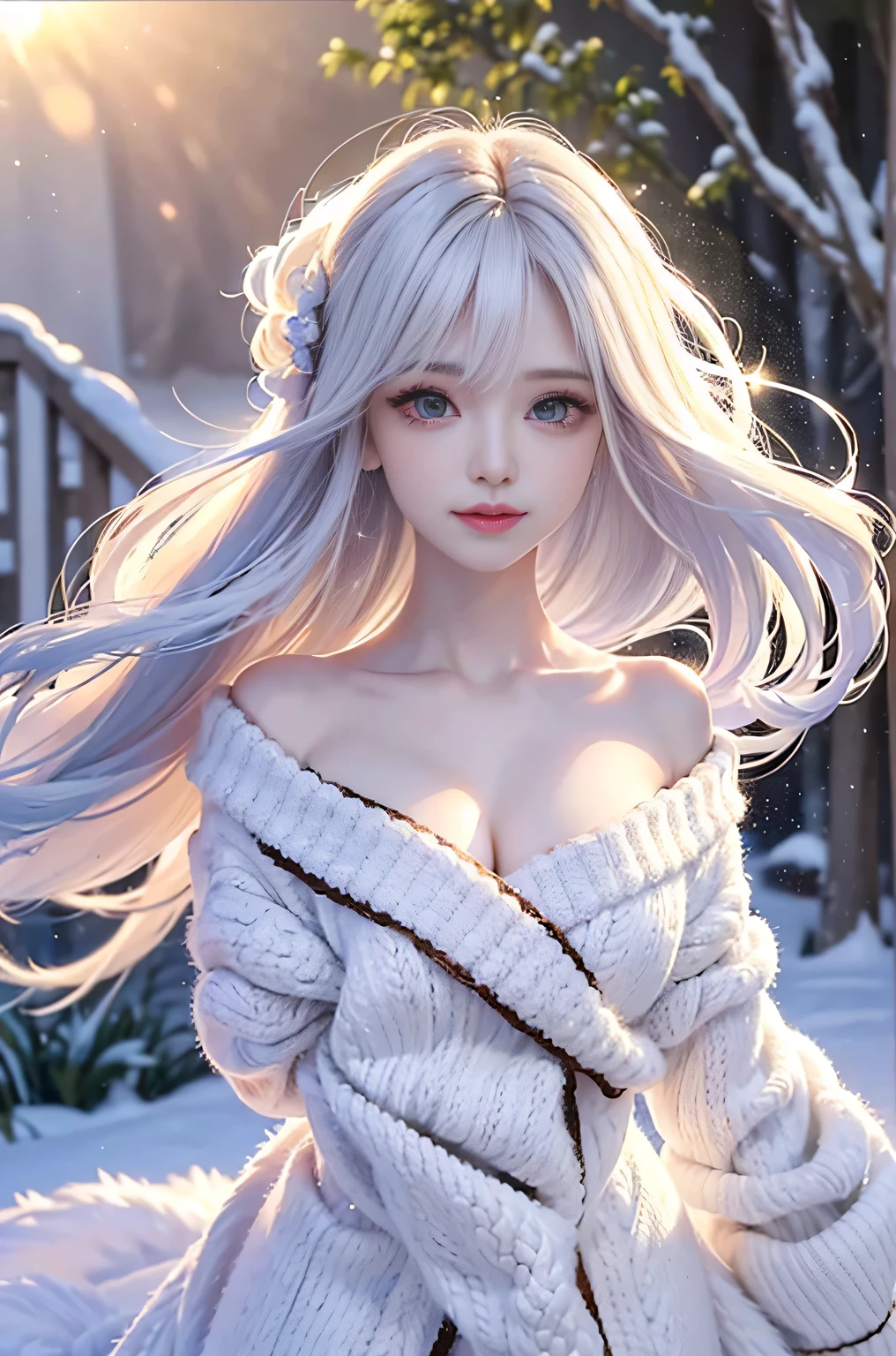 (Close-up image)((masterpiece:1.5、8k、Tabletop、Photorealistic and very detailed CG、Very detailed、Particle Effects、Dynamic Effects、Written boundary depth、Cinematic Light、Lens flare、Ray Tracing、Tabletop、Realistic:1.4、超A high resolution))((alone、cutegirl,A woman wearing a fur coat over an off-the-shoulder knit sweater:1.4、No sleeve、Exposing shoulders、Elegant woman posing:、Detailed face、brightexpression、young, bright, Whiter skin、medium beauty breasts、Best Looks、Ultimate beauty、White hair with shiny highlights、Bright and shiny straight hair、Hair dancing in the wind))(morning、The setting is outdoors in the snow、Snowflakes flutter)
