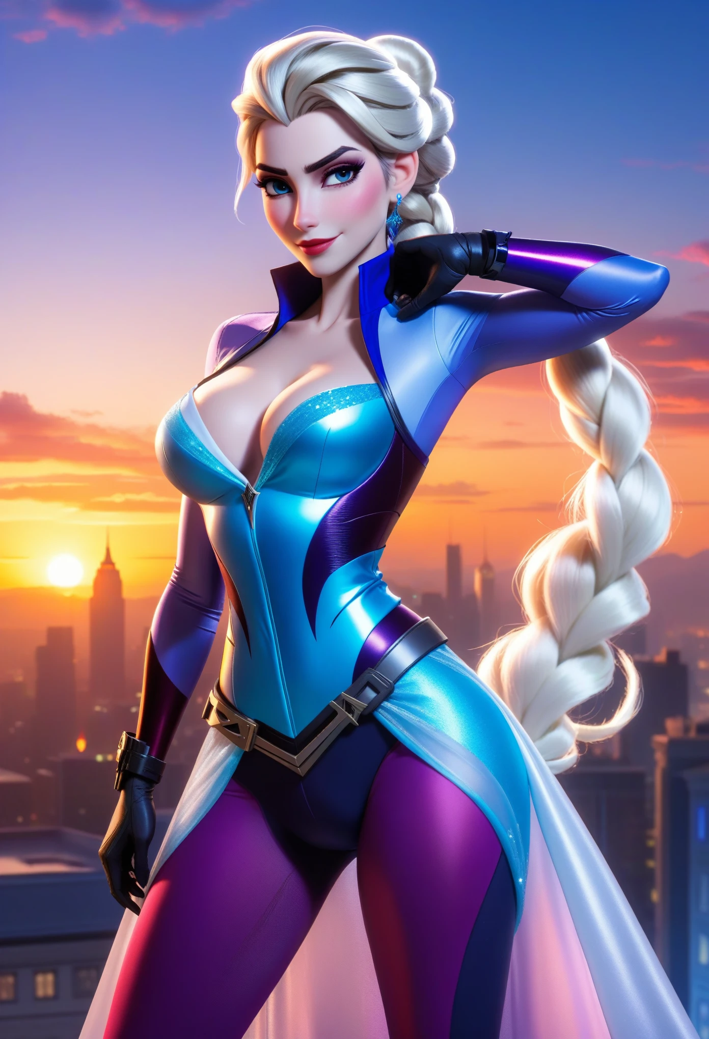 ((widowmaker and elsa fusion merged:1.3)), merged, sexy, half body, metropolitan background, sunset, sexy attire, (high quality), (masterpiece), negative_hand