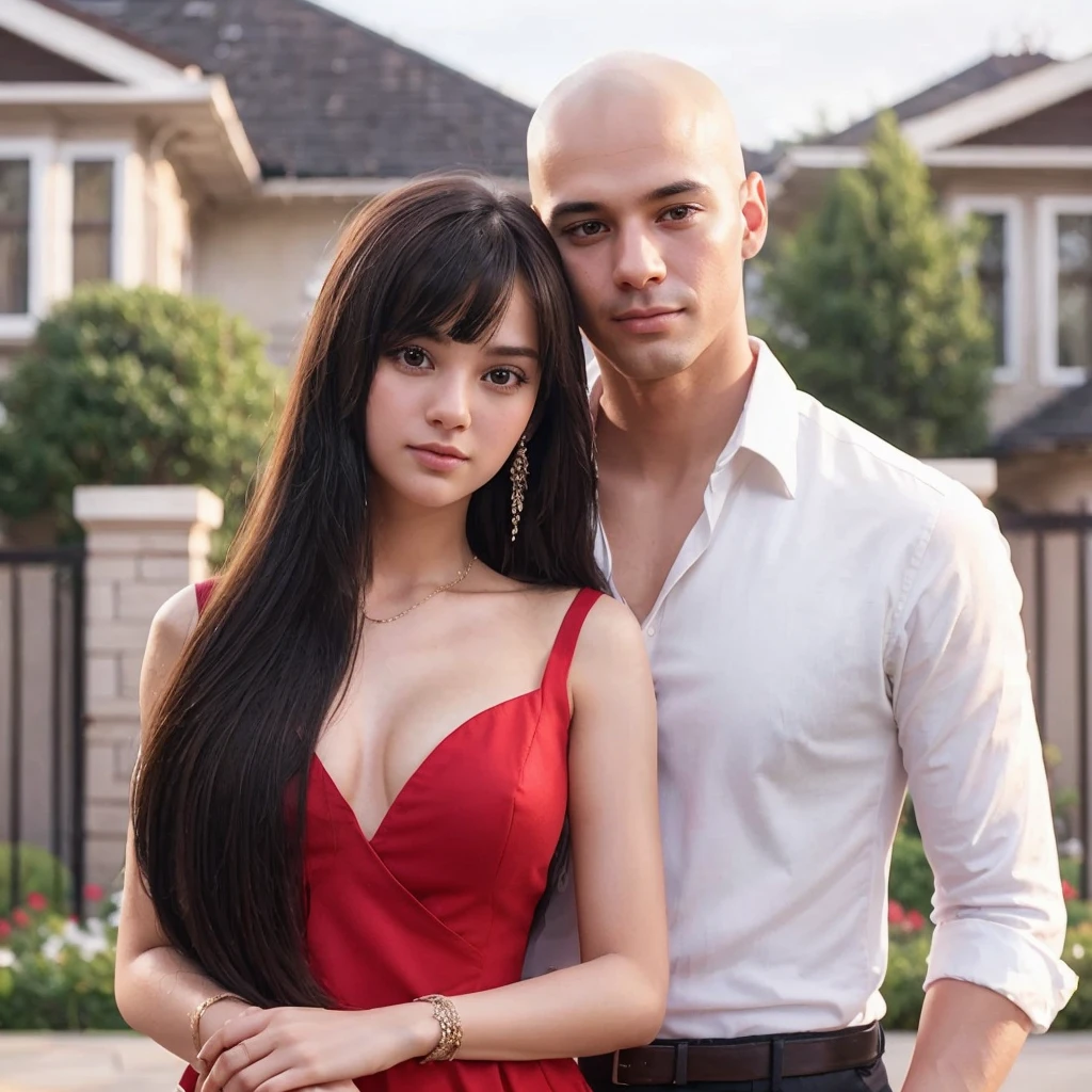 Make it more super realistic. Remove the girl's bangs. Change the background and put beautiful mansion 