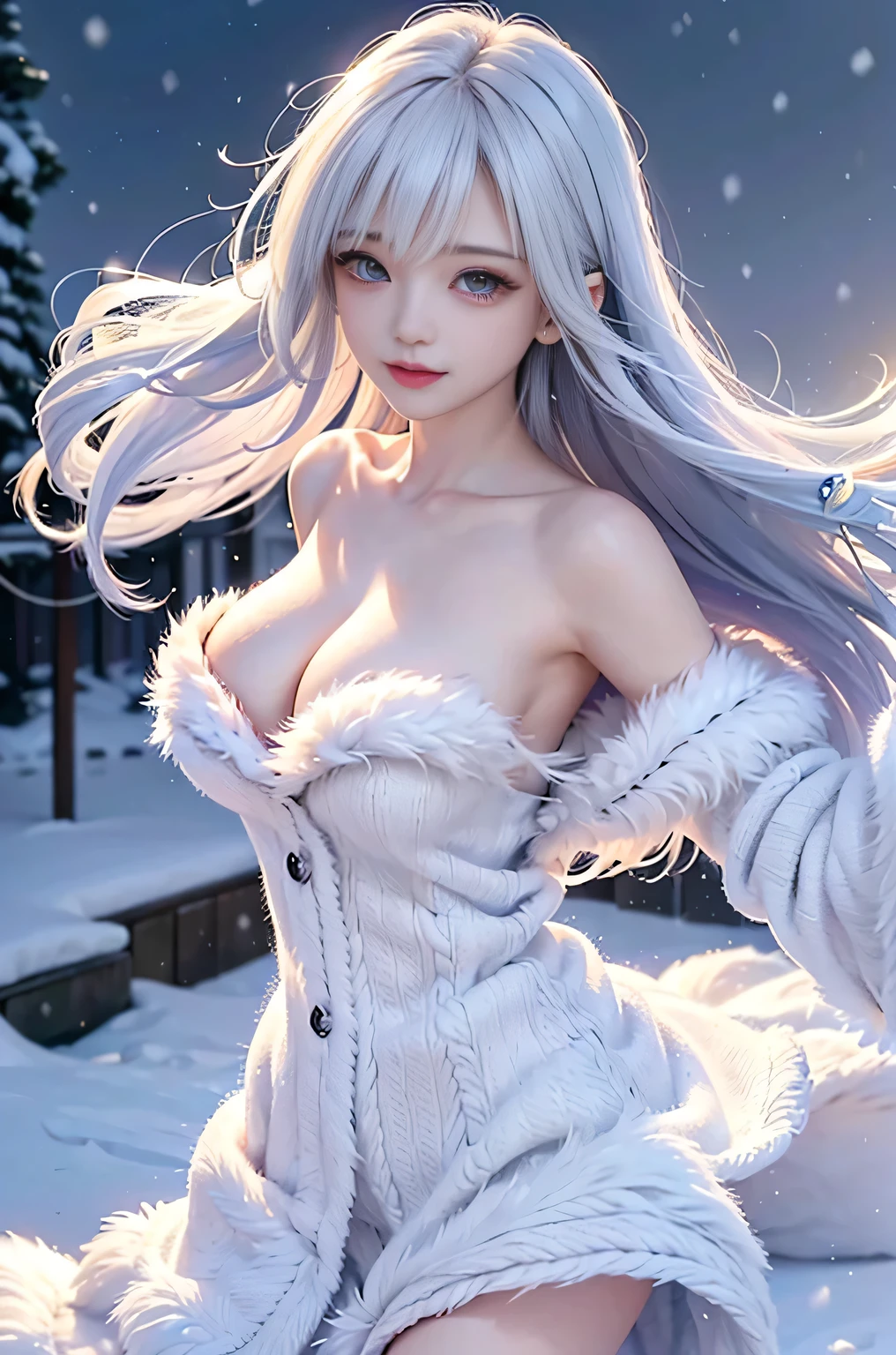 (Close-up image)((masterpiece:1.5、8k、Tabletop、Photorealistic and very detailed CG、Very detailed、Particle Effects、Dynamic Effects、Written boundary depth、Cinematic Light、Lens flare、Ray Tracing、Tabletop、Realistic:1.4、超A high resolution))((alone、cutegirl,A woman wearing a fur coat over an off-the-shoulder knit sweater:1.4、No sleeve、Exposing shoulders、Elegant woman posing:、Detailed face、brightexpression、young, bright, Whiter skin、medium beauty breasts、Best Looks、Ultimate beauty、White hair with shiny highlights、Bright and shiny straight hair、Hair dancing in the wind))(morning、The setting is outdoors in the snow、Snowflakes flutter)
