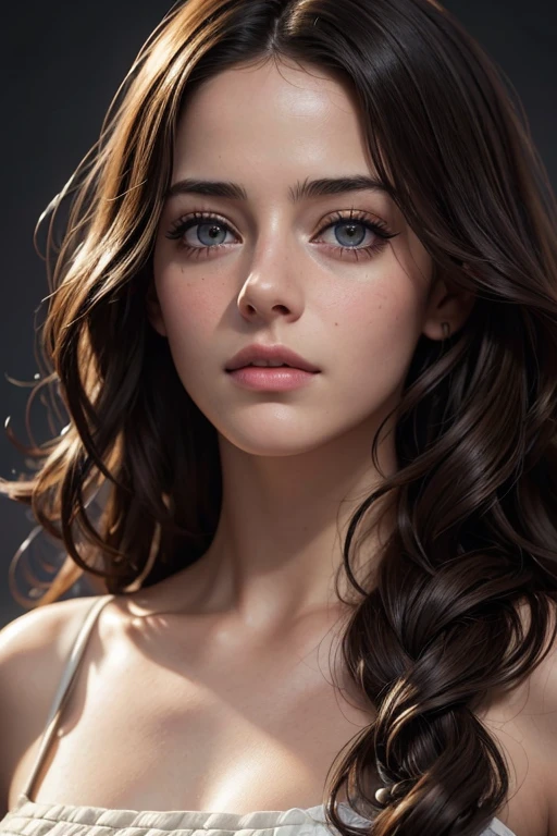 Realistic, photorealistic, high contrast rendition of Kaya Scodelario, (photorealistic:1.4), 8k high definition detailed portrait, (best quality, masterpiece:1.2), Cinematic lighting, 1 girl, striking features, (beautiful face, cute face, detailed face), expressive eyes, (detailed beautiful brown eyes), BREAK, ((natural makeup, minimalistic makeup)), ((long wavy hair)), (high fashion outfit), Confident pose.