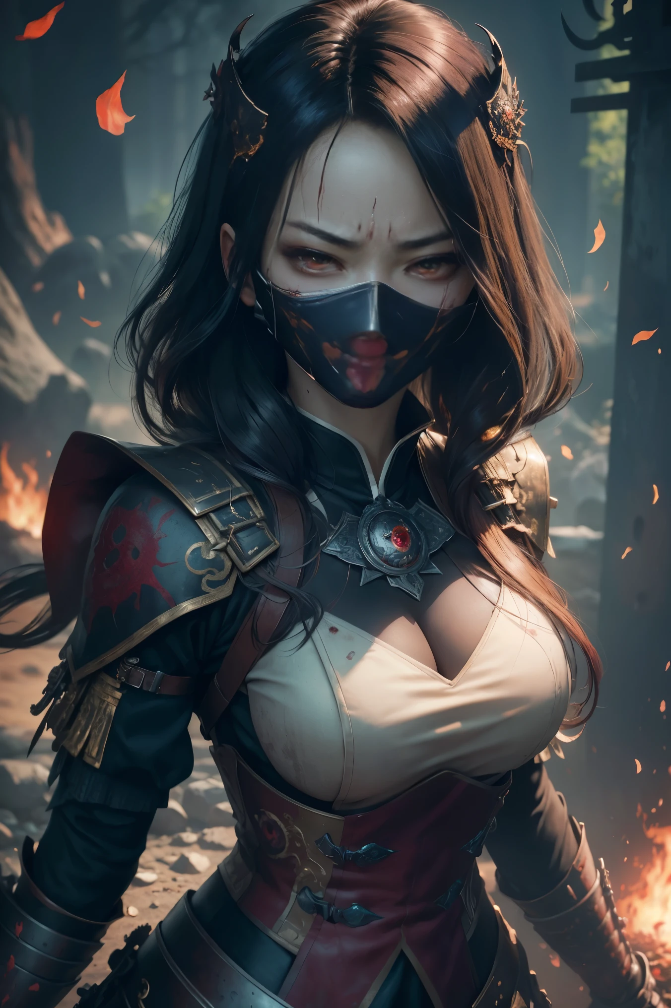 Photorealistic, ultra HD, graphics, best quality, realistic, CGI, 4k, masterpiece, best quality, high resolution, highly detailed, super detailed, 8k wallpaper, unified, amazing, fine details, wallpaper highly detailed 8k CG uniform screen, illustration, Asian woman, secret, iron mask, holding blood sword, (((eyes filled with murderous intent), masked,