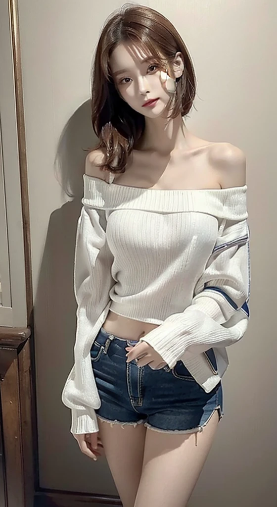 (best quality, masterpiece:1.4), Practical, Delicate skin, View, looking at the audience, (street, City:1.2), 1 girl, (Korean mixed, Korean Idol:1.2), Pale skin, (slim body, Thin legs:1.25), Thigh gap, Large Breasts, (cleveage:1.2), (White off-shoulder short sweater, Very short shorts), Umbilical cord