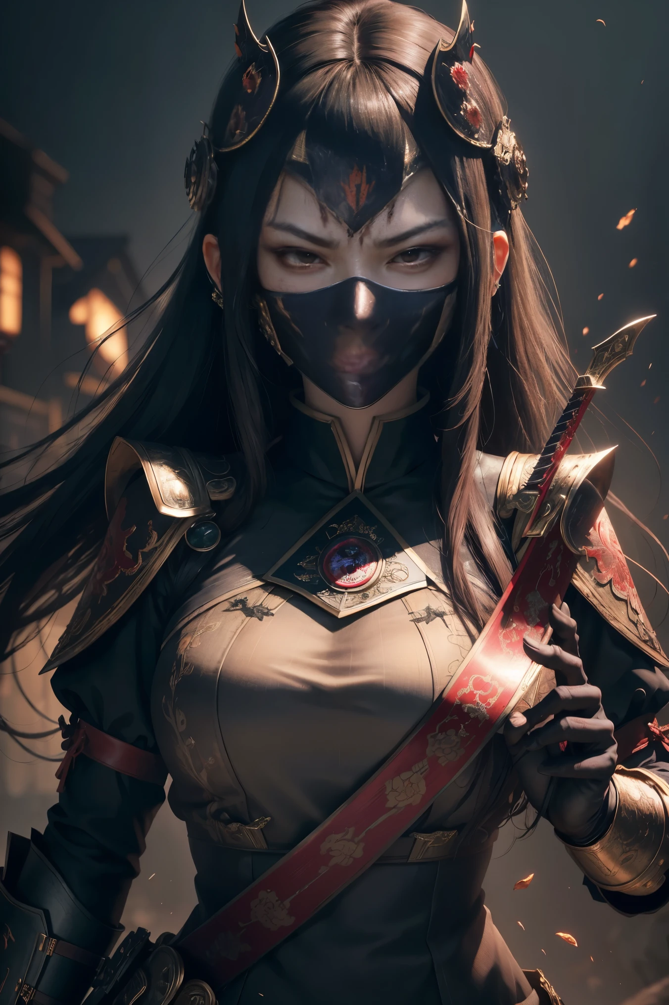 Photorealistic, ultra HD, graphics, best quality, realistic, CGI, 4k, masterpiece, best quality, high resolution, highly detailed, super detailed, 8k wallpaper, unified, amazing, fine details, wallpaper highly detailed 8k CG uniform screen, illustration, Asian woman, secret, iron mask, holding blood sword, (((eyes filled with murderous intent), masked,