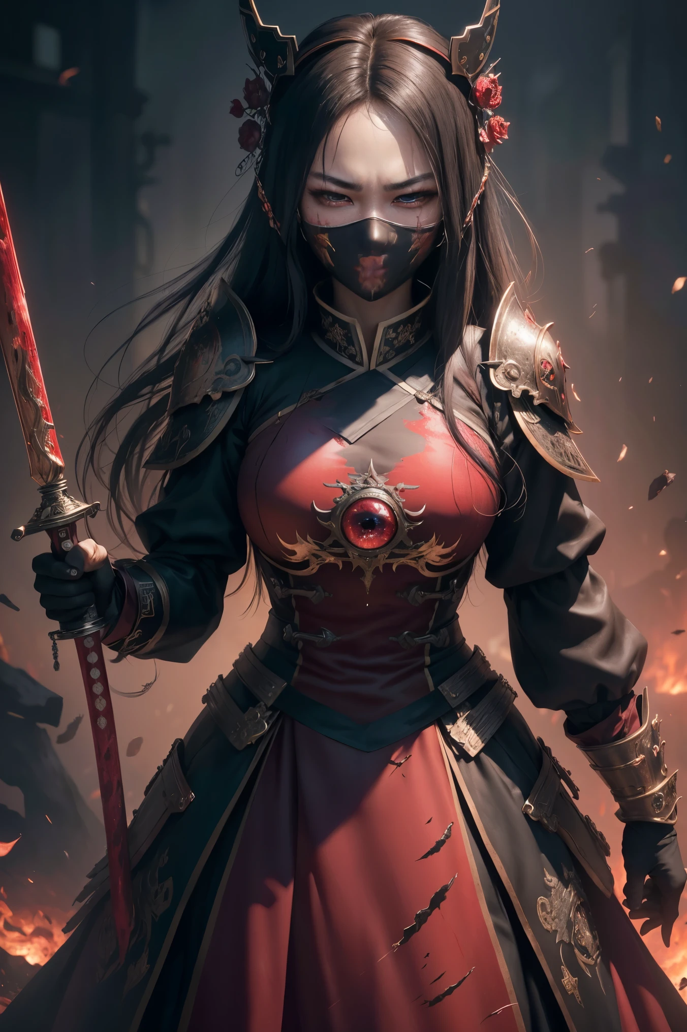 Photorealistic, ultra HD, graphics, best quality, realistic, CGI, 4k, masterpiece, best quality, high resolution, highly detailed, super detailed, 8k wallpaper, unified, amazing, fine details, wallpaper highly detailed 8k CG uniform screen, illustration, Asian woman, secret, iron mask, holding blood sword, (((eyes filled with murderous intent), masked,