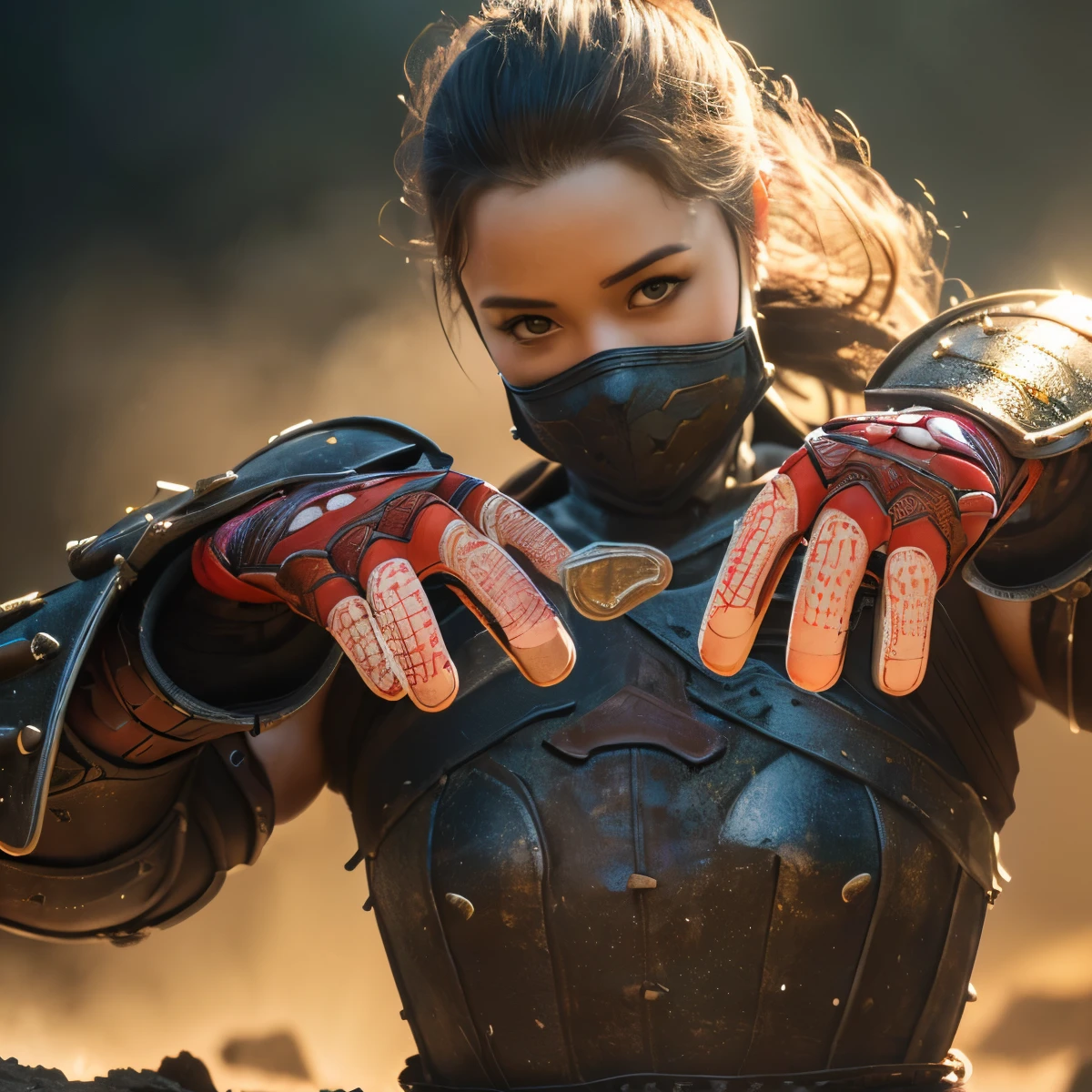 (8k, RAW Photos, high quality, masterpiece:1.2), High-quality RAW color photos, Professional photography, Concept Art, (((one person))), (detailed), (Big body:1.4), Highly detailed texture, ((warrior:1.2, armor)), Dusty soil, Bright lighting, (Highland Hld Background:1.5), (Japanese sword:1.2), Deep shadows and highlights, ((armor:1.5, warrior)), Nervous, Fight, ((Bold composition)), (((Perfect Fingers, Five Fingers, Anatomically correct))), Background blur, high quality, Bright colors, ((Award-winning photography, Realistic light and shadow with attention to detail)), Immersive 3D Rendering, Professional 3D Art, sergeant of woman,