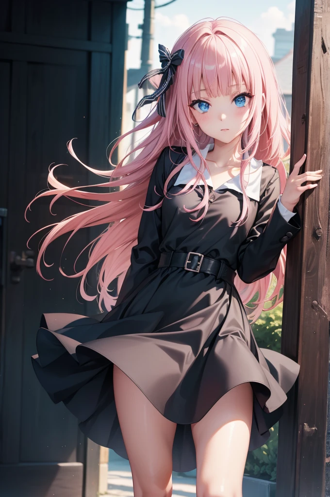 2d, masterpiece, best quality, anime, highly detailed, cowboy shot, 1girl, solo, fujiwara chika, blue eyes, pink hair, hair bow, black bow, Little black dress, Trench coat, stilettos high quality, 8k, best picture, detailed, high resolution, best pictrure, photo realistic, beautiful image, best image